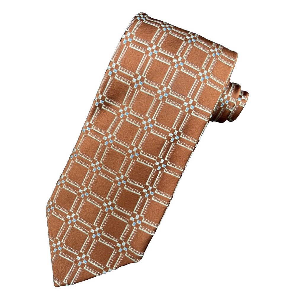 ERMENEGILDO ZEGNA Men's Tie 100% Silk ITALY Luxury Geometric Copper Blue EUC